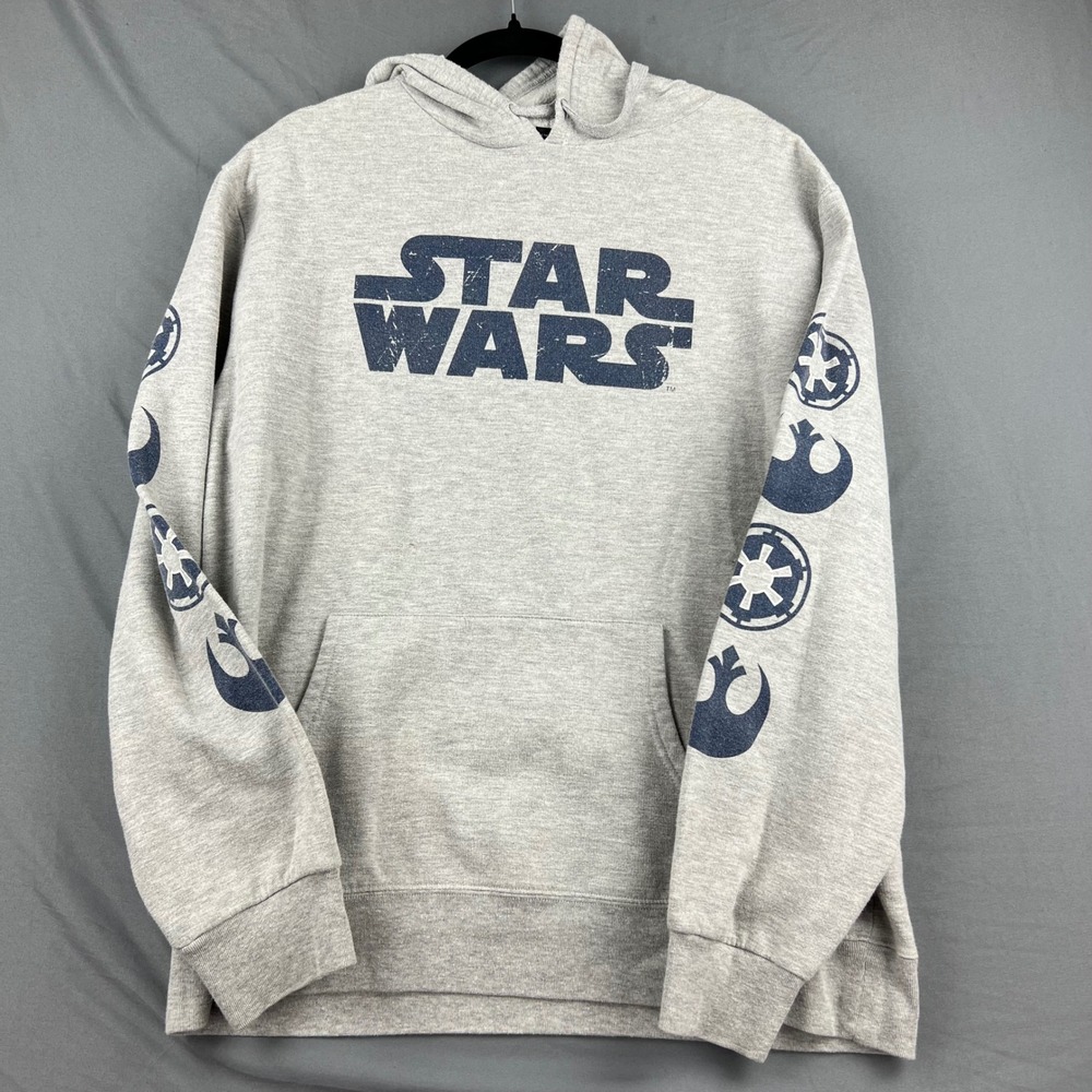 Star Wars Hoodie Mens XL Grey Graphic Logo Sleeve Print Pullover Sweatshirt Good